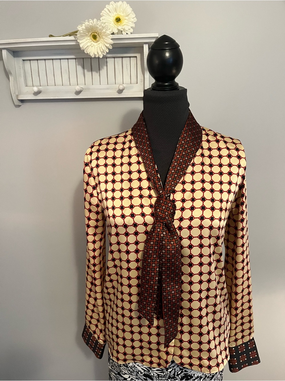 Zara Cream and Burgundy Geo-Print Tie-Neck Blouse EUC